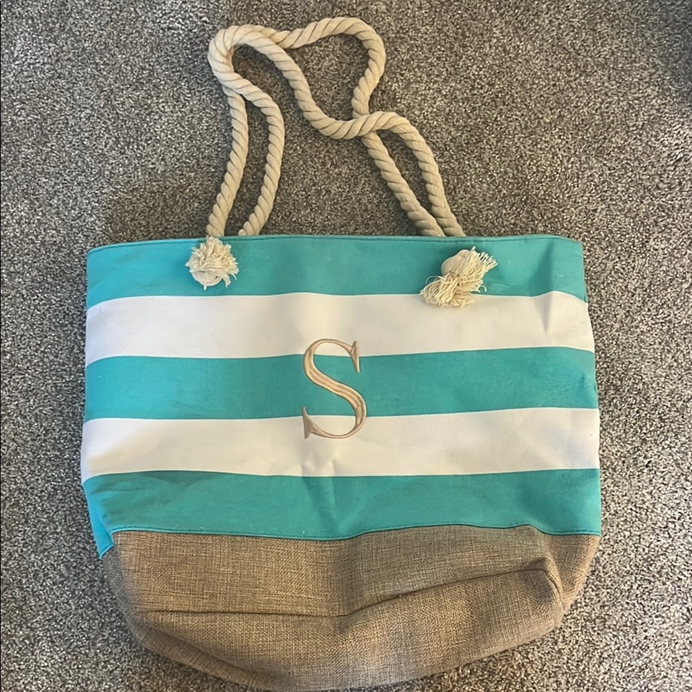 “S” Monogramed Striped Turquoise and Tan Tote Bag